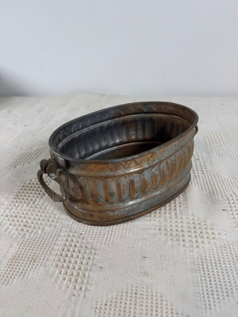 Antique Copper Plated Oval Planter Decorative Brass Handles Patina Finish Egypt